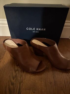 Cole Haan Brown Leather Peep-Toe Mule Sandals